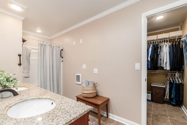 2591 Apple Valley Dr, Howard, OH 43028 - full bathroom featuring crown molding, a spacious closet, double vanity, a shower with shower curtain, and recessed lighting