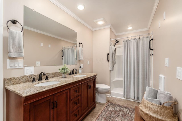 2591 Apple Valley Dr, Howard, OH 43028 - bathroom featuring ornamental molding, double vanity, a shower with curtain, and tile patterned flooring