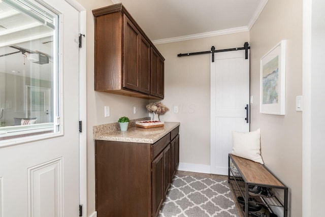 2591 Apple Valley Dr, Howard, OH 43028 - bar with crown molding and a barn door