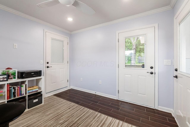 2591 Apple Valley Dr, Howard, OH 43028 - entrance foyer with wood tiled floors, ceiling fan, crown molding, and recessed lighting