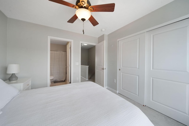 6295 Royal Tern Xing, Columbus, OH 43230 - bedroom featuring a closet, a ceiling fan, connected bathroom, and light carpet