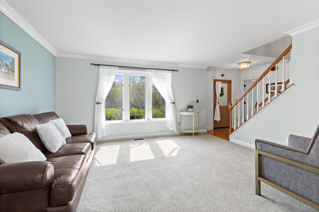 271 Crawford Ct, Westerville, OH 43082 - living room featuring ornamental molding, stairs, and carpet floors