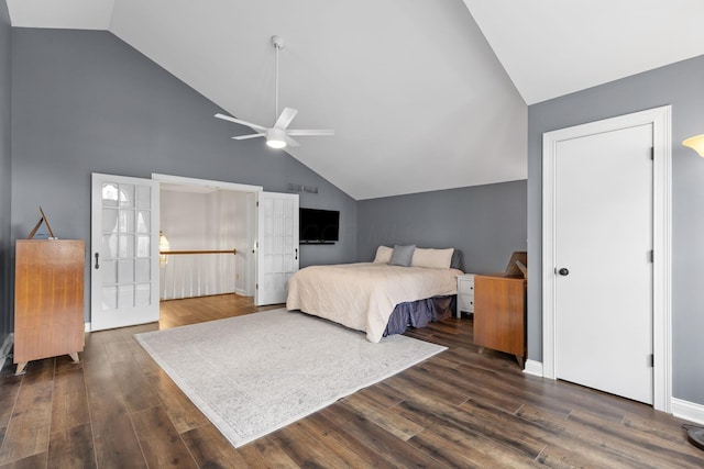 271 Crawford Ct, Westerville, OH 43082 - bedroom with dark wood finished floors, high vaulted ceiling, and ceiling fan
