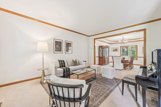 1318 Retreat Ln, New Albany, OH 43054 - carpeted living area with a chandelier and crown molding