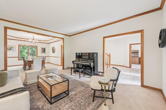1318 Retreat Ln, New Albany, OH 43054 - living area featuring a chandelier, ornamental molding, and light colored carpet