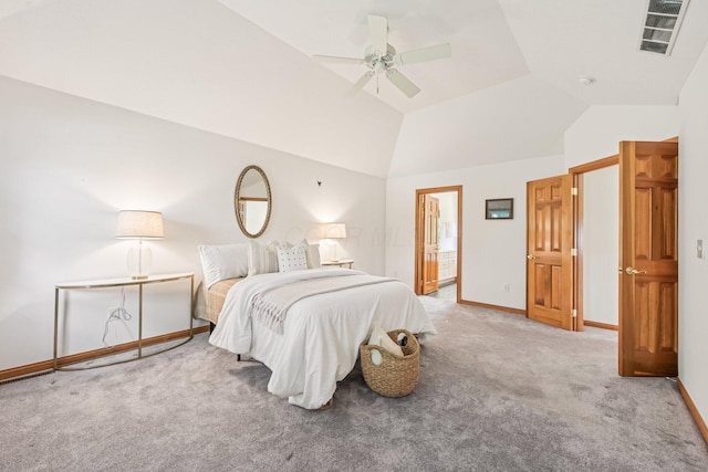 1318 Retreat Ln, New Albany, OH 43054 - carpeted bedroom with lofted ceiling, ceiling fan, and ensuite bath