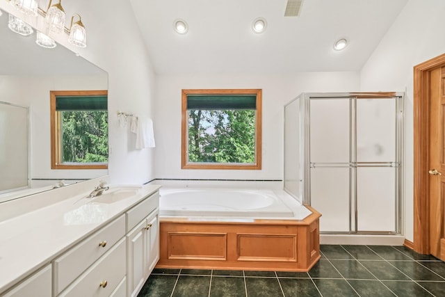 1318 Retreat Ln, New Albany, OH 43054 - full bathroom with healthy amount of natural light, vanity, a stall shower, lofted ceiling, and recessed lighting
