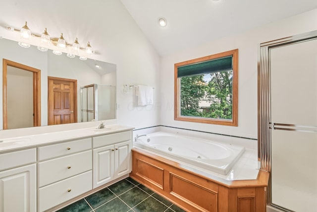 1318 Retreat Ln, New Albany, OH 43054 - full bath featuring lofted ceiling, a shower stall, a jetted tub, double vanity, and tile patterned flooring