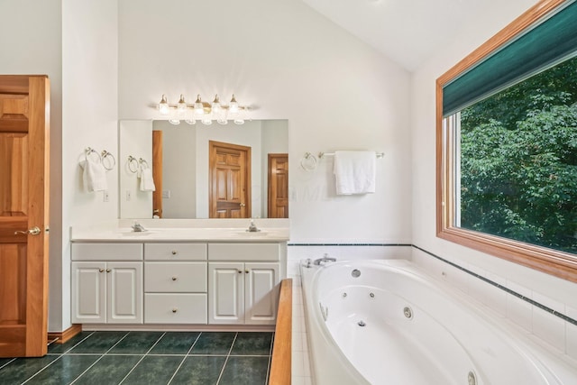 1318 Retreat Ln, New Albany, OH 43054 - full bathroom with vaulted ceiling, double vanity, a jetted tub, and tile patterned floors