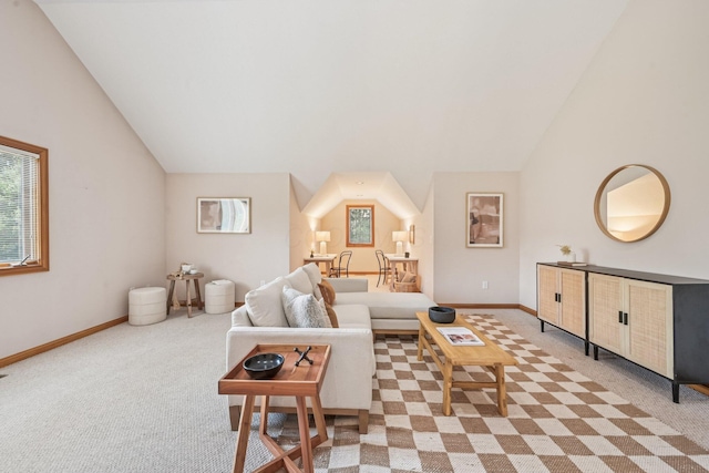 1318 Retreat Ln, New Albany, OH 43054 - carpeted living area with vaulted ceiling and baseboards