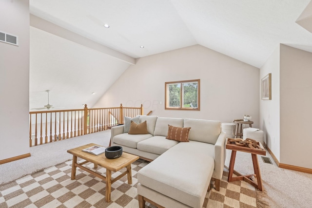1318 Retreat Ln, New Albany, OH 43054 - living room featuring light carpet, ceiling fan, lofted ceiling, and recessed lighting