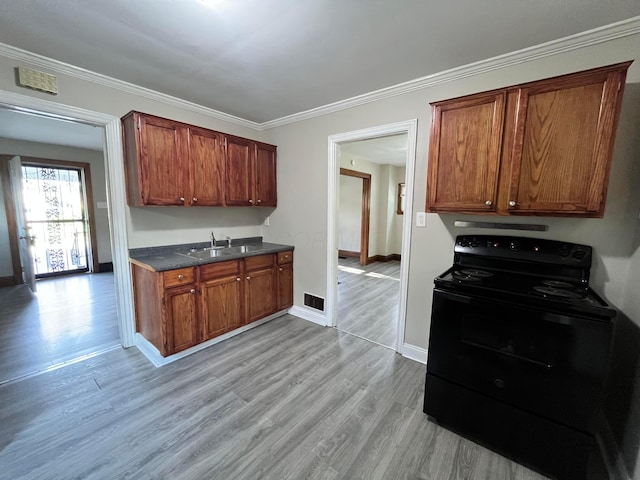 1015 Fairwood Ave, Columbus, OH 43206 - kitchen featuring electric range, dark countertops, light wood-style floors, ornamental molding, and brown cabinets