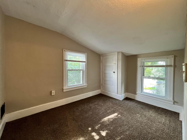 1015 Fairwood Ave, Columbus, OH 43206 - unfurnished bedroom with lofted ceiling, a textured ceiling, and dark carpet
