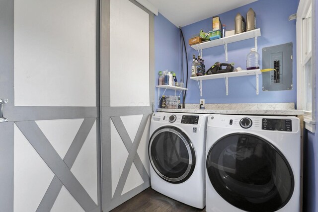 372 Sturbridge Rd, Columbus, OH 43228 - laundry room with washer and clothes dryer, electric panel, and dark wood-style floors