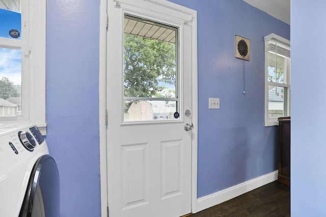 372 Sturbridge Rd, Columbus, OH 43228 - doorway to outside featuring washer / clothes dryer and dark wood finished floors