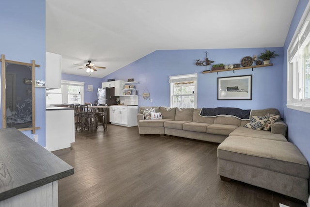 372 Sturbridge Rd, Columbus, OH 43228 - living room featuring lofted ceiling, dark wood-style floors, and a ceiling fan