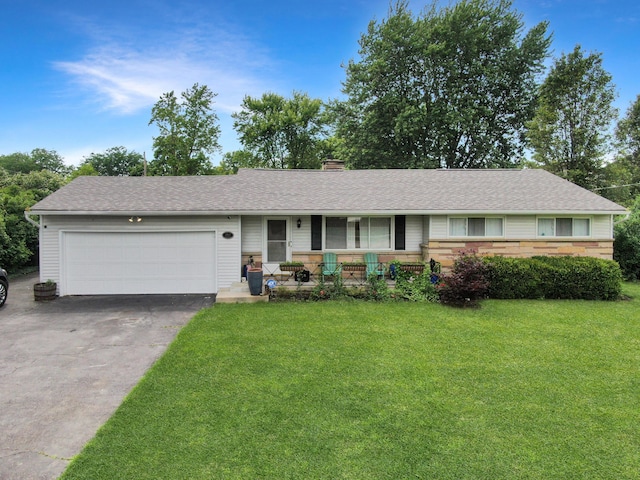 4713 Haughn Rd, Grove City, OH 43123 - ranch-style home with a porch, a front lawn, driveway, a garage, and a chimney