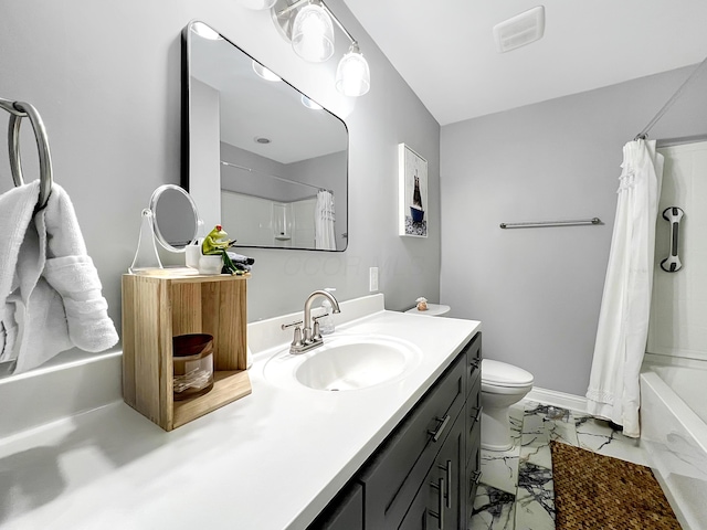 4713 Haughn Rd, Grove City, OH 43123 - bathroom with marble look tile flooring, vanity, and shower / bath combination with curtain