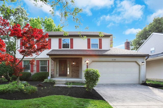 8139 Storrow Dr, Westerville, OH 43081 - traditional-style house with concrete driveway, covered porch, and a chimney