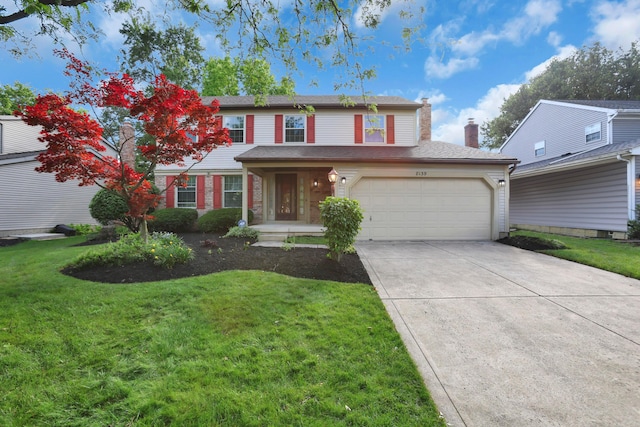 8139 Storrow Dr, Westerville, OH 43081 - traditional-style house featuring driveway, a front lawn, a chimney, and covered porch