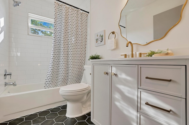 8139 Storrow Dr, Westerville, OH 43081 - full bath with vanity, shower / tub combo with curtain, and tile patterned floors