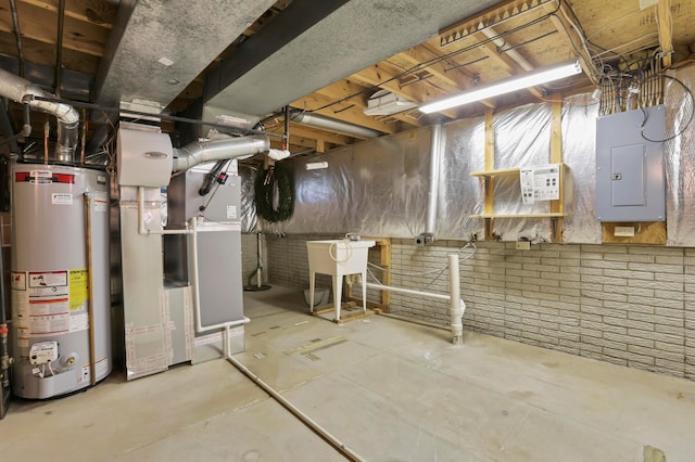 8139 Storrow Dr, Westerville, OH 43081 - unfinished below grade area featuring gas water heater, electric panel, and brick wall