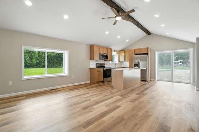 4615 County Road 23, Cardington, OH 43315 - kitchen featuring appliances with stainless steel finishes, open floor plan, backsplash, light countertops, and recessed lighting