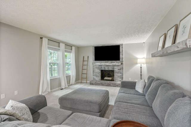 712 Suntree Dr, Westerville, OH 43081 - living area featuring a textured ceiling, a brick fireplace, and carpet flooring