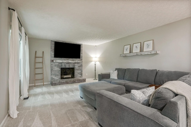 712 Suntree Dr, Westerville, OH 43081 - carpeted living room with a textured ceiling and a brick fireplace