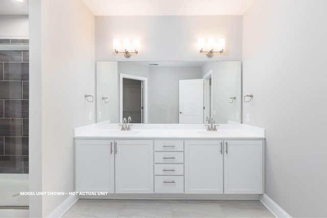 5177 Highpointe Lakes Dr Unit 9102, Westerville, OH 43081 - bathroom with double vanity, marble look tile flooring, and tiled shower