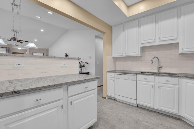 595 Piney Glen Dr, Columbus, OH 43230 - kitchen with dishwasher, decorative backsplash, white cabinetry, lofted ceiling, and recessed lighting