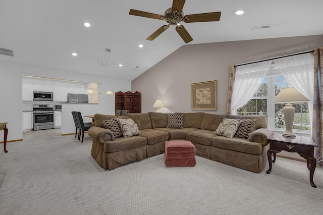 595 Piney Glen Dr, Columbus, OH 43230 - living area with light colored carpet, recessed lighting, lofted ceiling, and a ceiling fan
