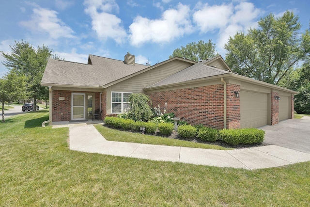 595 Piney Glen Dr, Columbus, OH 43230 - view of front of home featuring brick siding, a garage, a chimney, a front lawn, and a shingled roof