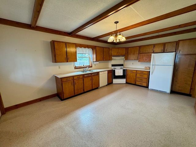 181 W 3rd St, Frazeysburg, OH 43822 - kitchen featuring white appliances, brown cabinetry, beam ceiling, and light countertops