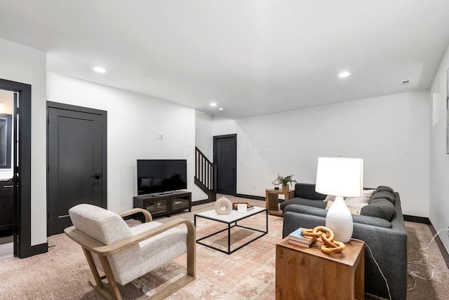 954 Hudson Xing, Columbus, OH 43212 - living room featuring stairway, recessed lighting, and light colored carpet