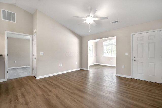 752 Whitetail Lp, Newark, OH 43055 - empty room featuring vaulted ceiling, ceiling fan, and dark wood-type flooring