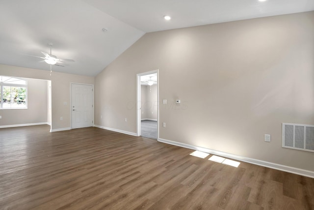 752 Whitetail Lp, Newark, OH 43055 - empty room with a ceiling fan, wood finished floors, vaulted ceiling, and recessed lighting