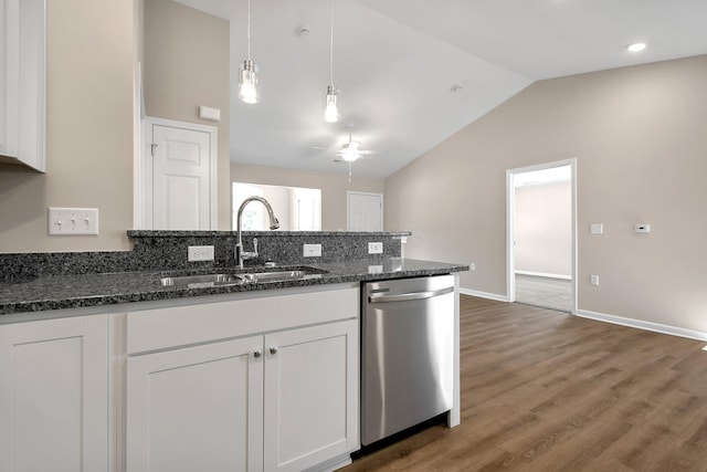 752 Whitetail Lp, Newark, OH 43055 - kitchen featuring stainless steel dishwasher, lofted ceiling, white cabinetry, a peninsula, and a ceiling fan