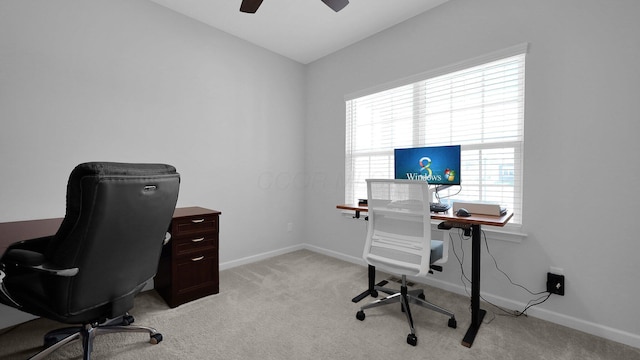 336 Onyx Ln, Delaware, OH 43015 - home office featuring light carpet, ceiling fan, and vaulted ceiling