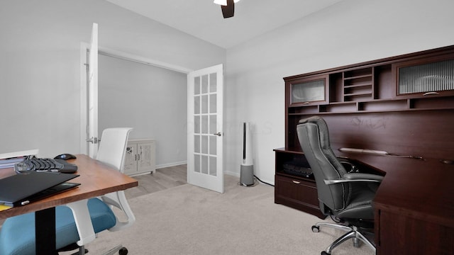 336 Onyx Ln, Delaware, OH 43015 - home office with french doors, light colored carpet, and ceiling fan