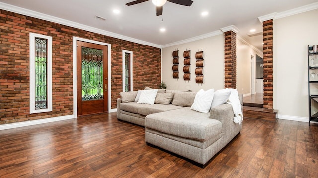 2830 Silver St, Granville, OH 43023 - living area with ceiling fan, dark wood-style floors, brick wall, crown molding, and recessed lighting