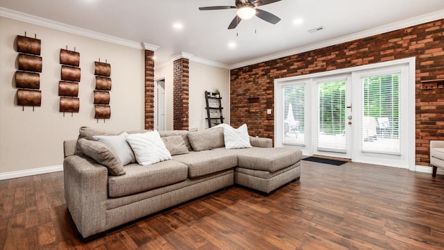 2830 Silver St, Granville, OH 43023 - living area with brick wall, ceiling fan, dark wood-style floors, crown molding, and recessed lighting