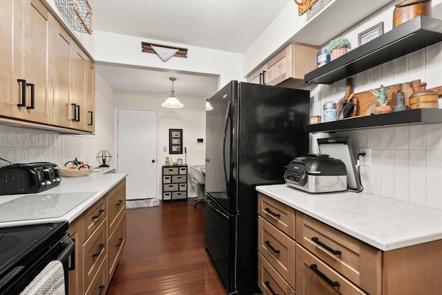 3903 Inverness Cir, Dublin, OH 43016 - kitchen with open shelves, dark wood-style flooring, black appliances, backsplash, and light countertops