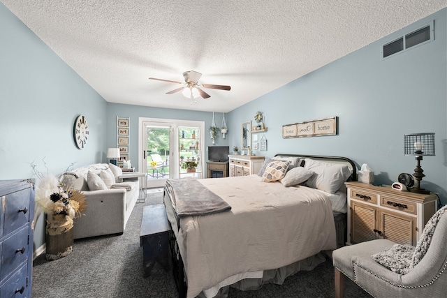 3903 Inverness Cir, Dublin, OH 43016 - carpeted bedroom featuring a textured ceiling, a ceiling fan, and access to exterior