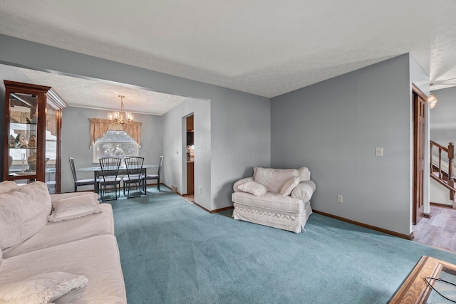 5681 Mcbride Ct, Dublin, OH 43016 - living area with a chandelier, carpet flooring, a textured ceiling, and stairs