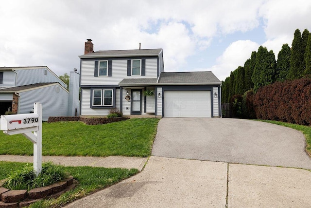3790 Hunting Ln, Columbus, OH 43230 - traditional-style home featuring asphalt driveway, an attached garage, a front lawn, and a chimney