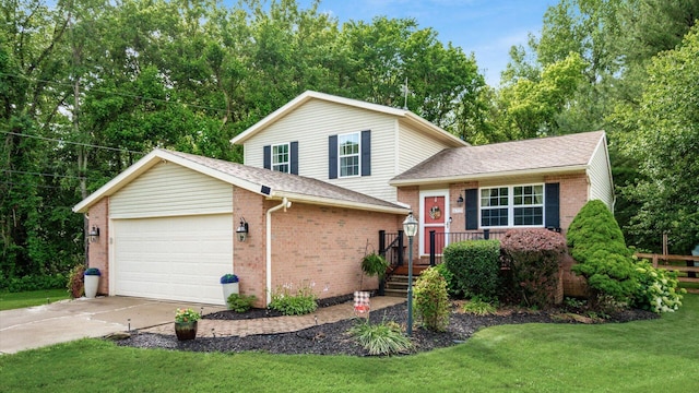 637 Livingston Ct, Heath, OH 43056 - tri-level home with brick siding, concrete driveway, a front lawn, and an attached garage