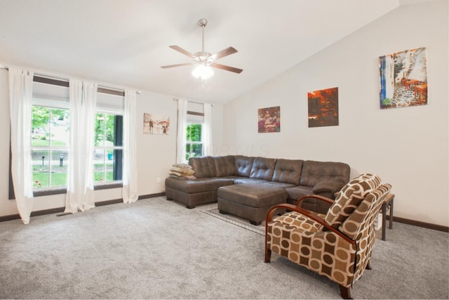 2499 Apple Valley Dr, Howard, OH 43028 - living area featuring vaulted ceiling, carpet floors, a ceiling fan, and plenty of natural light