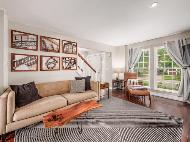 1243 Harrison Ave, Columbus, OH 43201 - living room featuring stairs, hardwood / wood-style floors, and recessed lighting