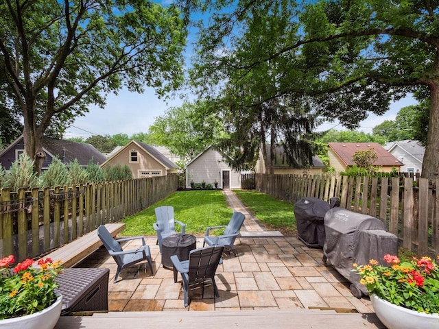 1243 Harrison Ave, Columbus, OH 43201 - fenced backyard featuring a patio, an outdoor fire pit, and area for grilling